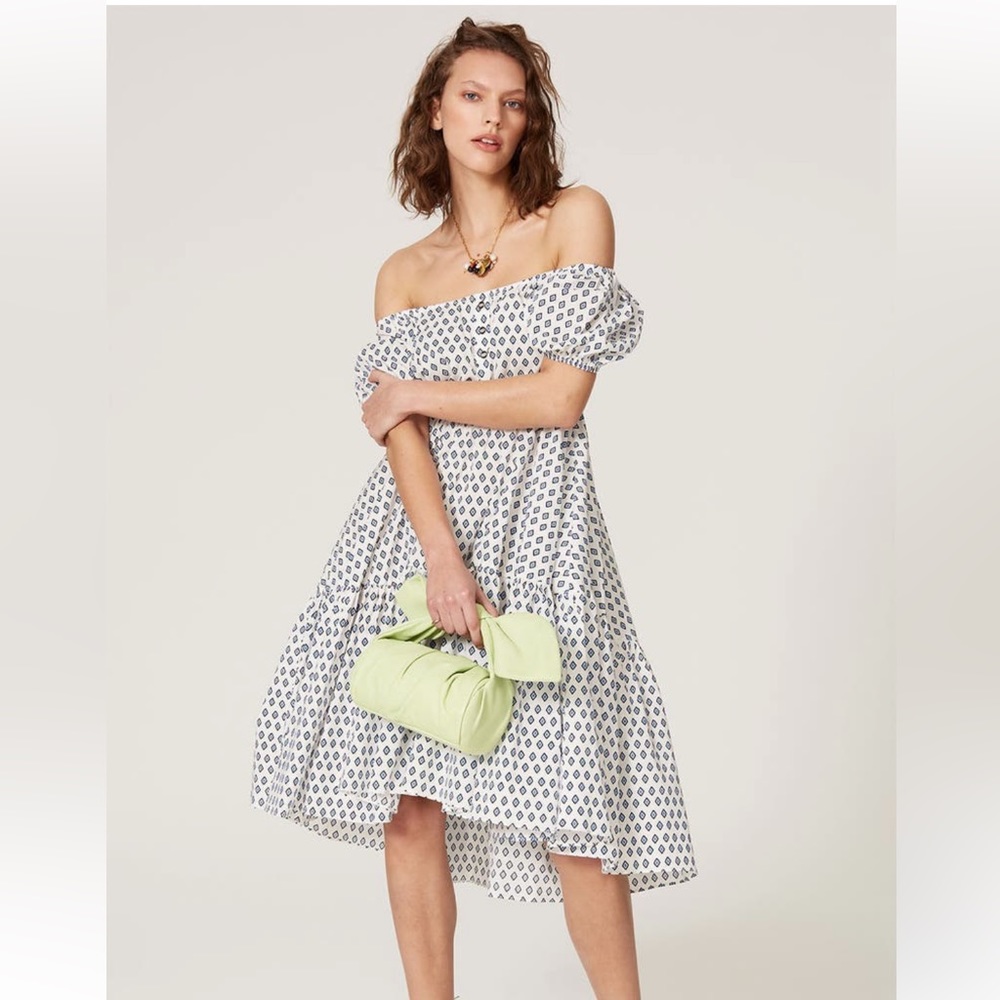 Caroline Constas Blue/White Embroidered Bardot Dress
